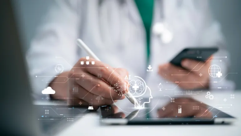 Medical worker using technology smart robot AI,Concept of healthcare and medical AI technology services and advance of technology Artificial Intelligence for future healthcare transformation.