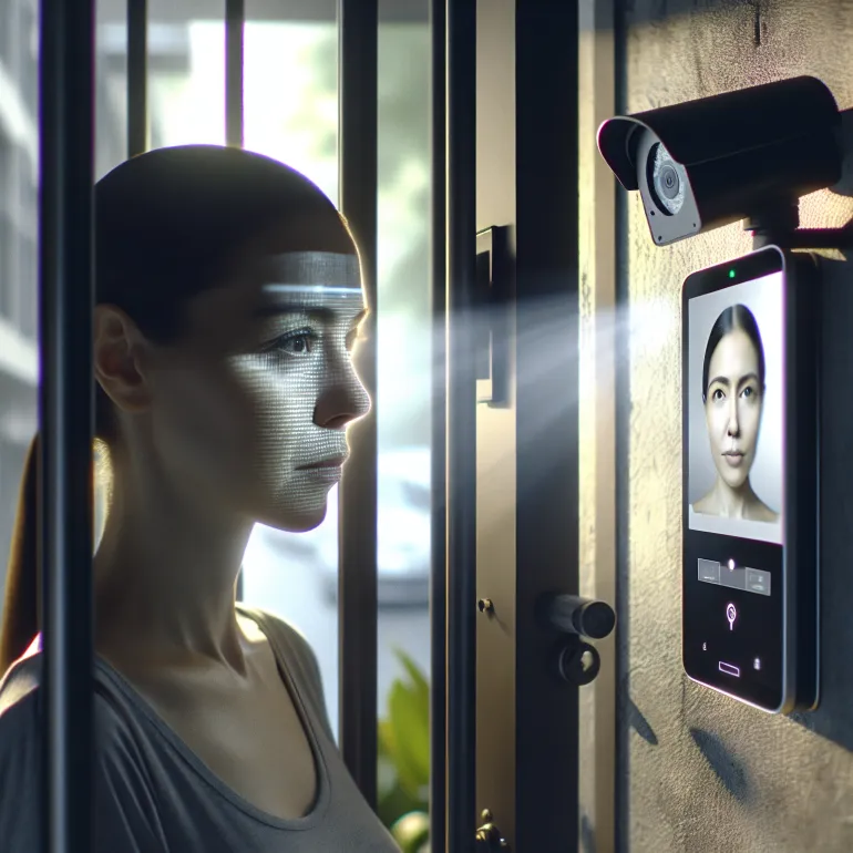 Brazilian woman in front of the gate of a residential condominium looking at a facial recognition device. Woman's face reflected in the device's display. Security camera fixed to the wall in the upper left corner. Front view. Lighting from above.