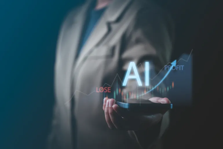 Discover stock market insights with businessman's hands using AI technology for predictive analytics