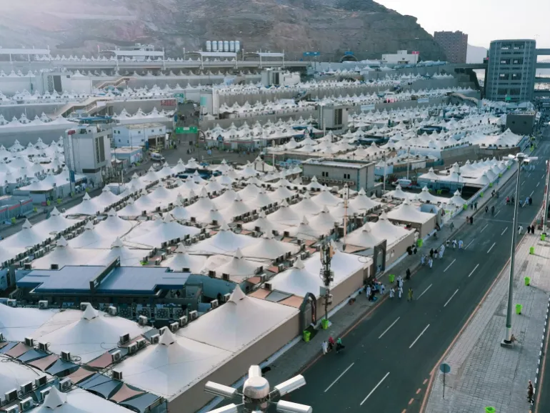 JUNE 29, 2023-MINA, SAUDI ARABIA : Bird’s eye view of 'stoning of the devil' ritual complex in Mina. Stoning of devil is one of the rituals to complete the hajj.
