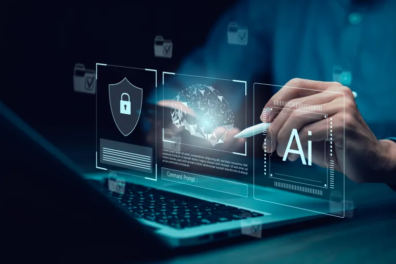 AI data protection and chatbot interface concept for secure messaging and digital privacy. Automated Data smart AI security systems, encrypted communication and modern data management.