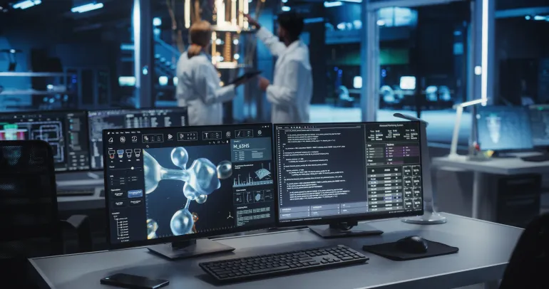 Technology Laboratory with Desktop Computers with Molecular Modelling Software. Scientific Lab, Bioengineering Research Center with Quantum Computer and Scientists Working in the Background