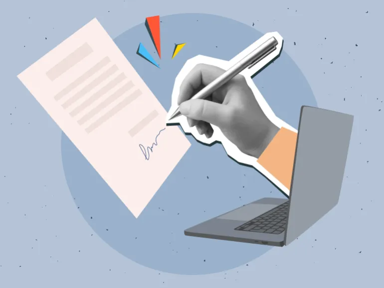 Black and white hand from laptop screen signs on a document. Modern collage style. Vector illustration