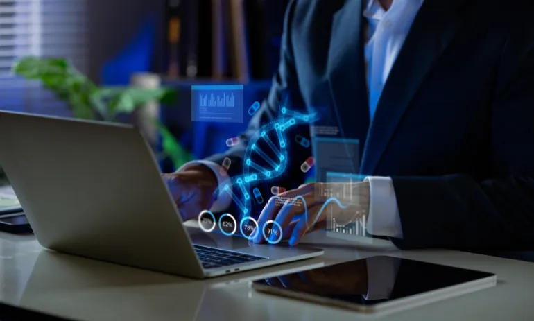 Doctor using laptop with holographic DNA, pills, and analytics visuals, representing biotechnology, digital health, and medical innovation.