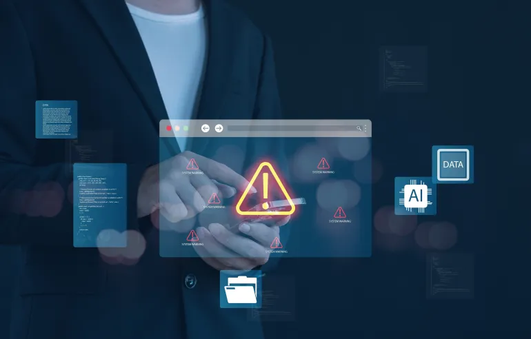 Artificial intelligence warning with data security alert, mobile device risk, cyber attack, AI system error, and digital technology danger concept for business, network safety,แปลไทย (191 ตัวอักษร):