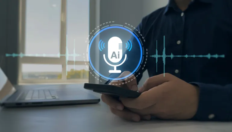 AI assistant voice chat interface.Person interacting through microphone with AI voice chat. Digital communication, speech recognition, and smart technology enabling natural conversation.