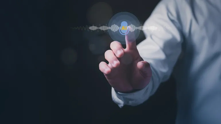 Close up of a businessman touching a virtual AI voice assistant interface with sound waves. Concept of artificial intelligence speech recognition, smart technology, and futuristic communication.