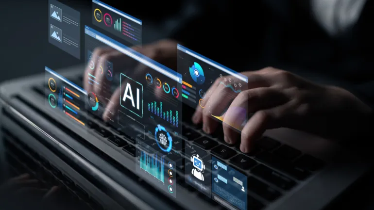 AI business intelligence interface featuring real-time AI data visualization, predictive AI model graphs, and automated report tools driven by AI artificial intelligence for business solution. Corpus