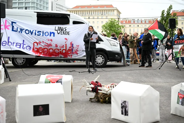 A person speaks during a protest against the participation of Israel at the Eurovision Song Contest in Vienna, Austria, May 12, 2026. REUTERS/Elisabeth Mandl