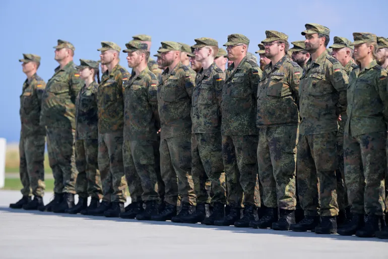 Soldiers stand on the day of the commissioning of the IRIS-T SLM air defence system at the German army Bundeswehr barracks Todendorf in Panker, Germany September 4, 2024. REUTERS/Fabian Bimmer