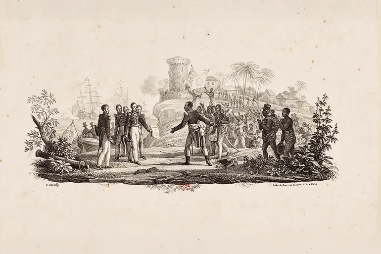 المصدر: المكتبة الوطنية الفرنسية قبل مئتي عام، في 17 نيسان/أبريل 1825، وقّع الملك شارل العاشر مرسوما يعترف فيه باستقلال هايتي، مقابل تعويض هائل قدره 150 مليون فرنك، يُدفع إلى مالكي العبيد السابقين. Haitian President Jean-Pierre Boyer receiving Charles X’s decree recognizing Haitian independence on July 11, 1825. Bibliotheque Nationale de France الرابط: https://ibw21.org/reparations/when-france-extorted-haiti-the-greatest-heist-in-history/attachment/jean-pierre-boyer-july-11-2-1825-910x512/