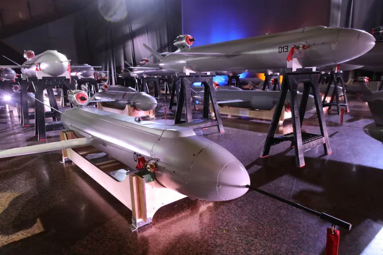 In Kyiv, Ukraine, on December 6, 2024, long-range Peklo (Hell) missile drones are displayed during the handover of the first batch to Defence Forces on the Day of the Armed Forces of Ukraine. Ukraine's President Volodymyr Zelensky conveys the first batch of advanced Peklo missile drones to the military. During the event, it is reported that there have already been five successful uses. The Peklo missile drone, which has a strike range of 700 km and a speed of 700 km per hour, is launched into serial production. NO USE RUSSIA. NO USE BELARUS. (Photo by Ukrinform/NurPhoto via Getty Images)