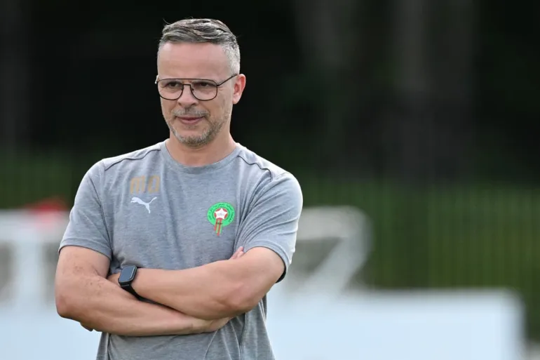 Morocco's head coach Mohamed Ouahbi takes part in a training session at The Pingry School in Basking Ridge, New Jersey on June 21, 2026, during the 2026 World Cup football tournament. (Photo by Mauro PIMENTEL / AFP via Getty Images)