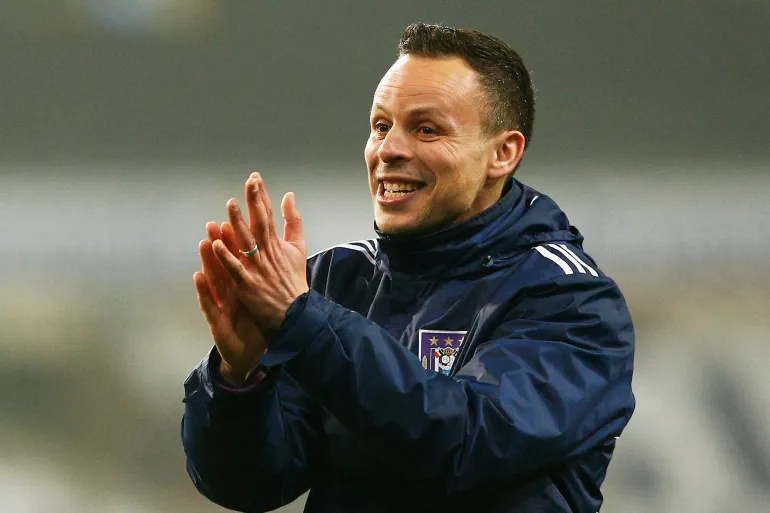 BRUSSELS, BELGIUM - MARCH 18: Anderlecht Head Coach / Manager, Mohamed Ouahbi celebrates victory after the UEFA Youth League quarter final match between RSC Anderlecht and FC Porto at Constant Vanden Stock Stadium on March 18, 2015 in Brussels, Belgium. (Photo by Dean Mouhtaropoulos/Getty Images for UEFA)