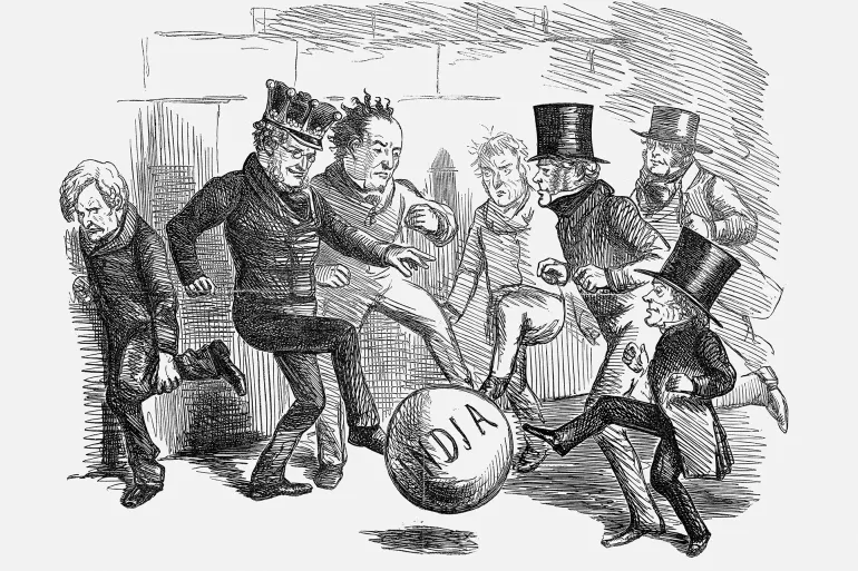 'A game of foot-ball as played by certain Westminster boys', 1858. In this cartoon, Derby (in the crown) is on the left with Disraeli representing the Tories, whilst Palmerston (the former prime minister) and Lord John Russell (the little one) are on the right and representing the Liberal Party, a newly developing party forming from Whigs and Peelites. Mr Punch held the view that India was being made the football of British politics during 1858. Two separate India Bills had recently been introduced, but both had been abandoned to avoid destabilising Lord Derby's new minority government. From Punch, or the London Charivari, May 29, 1858. (Photo by The Cartoon Collector/Print Collector/Getty Images)