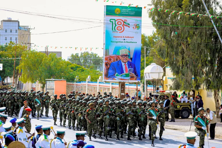 Somaliland military officers parade during the self-declared Independence Day, with celebrations commemorating their 1991 breakaway from Somalia, amid renewed focus on Somaliland's push for global recognition after Israel became the first country to formally recognise the self‑declared Republic of Somaliland as an independent and sovereign state in East Africa, in Hargeisa, the capital of Somalia's breakaway territory of Somaliland, May 18, 2026. REUTERS/Stringer