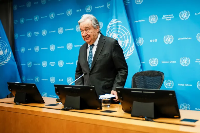 United Nations Secretary-General Antonio Guterres arrives to speak during a press conference outlining his priorities for 2026 at U.N. headquarters in New York City, U.S., January 29, 2026. REUTERS/Eduardo Munoz