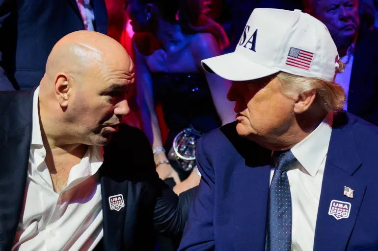 US President Donald Trump talks to UFC CEO Dana White during UFC Freedom 250 on the South Lawn of the White House in Washington, DC, on June 15, 2026.