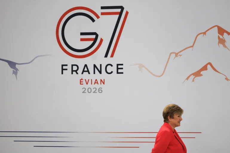 IMF Managing Director Kristalina Georgieva arrives to attend a morning work meeting to “revive balanced, inclusive, and sustainable economic growth for the benefit of all” in the presence of the G7 countries, partner countries, the International Monetary Fund, and the OECD, as part of the G7 summit, in Evian, eastern France, on June 17, 2026.