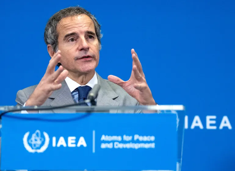 Director General of the International Atomic Energy Agency (IAEA) Rafael Grossi addresses a press conference following a Board of Governors' Meeting at the agency's headquarters in Vienna, Austria on June 8, 2026. (Photo by Joe Klamar / AFP)