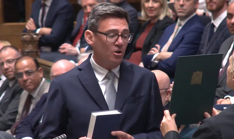 In this video grab taken from footage broadcast by the UK Parliamentary Recording Unit (PRU) via the Parliament TV website on June 22, 2026, new Labour Party MP for Makerfield, Andy Burnham is sworn in after his win in the recent by-election.