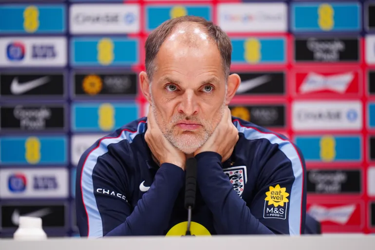 England's manager Thomas Tuchel during a press conference of England's national soccer team in London, England, Monday, March 30, 2026. (Bradley Collyer/PA via AP, Pool)