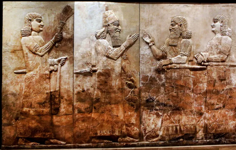 This Monday, Sept. 15, 2014 photo shows, bas-relief displayed at the Iraqi National Museum in Baghdad. For more than 5,000 years, numerous civilizations have left their mark on upper Mesopotamia _ from Assyrians and Akkadians to Babylonians and Romans. Their ancient, buried cities, palaces and temples packed with monumental art are scattered across what is now northern Iraq and eastern Syria. Now much of that archaeological wealth is under the control of extremists from the Islamic State group. They have already destroyed some of that heritage in their zealotry to uproot what they see as heresy. (AP Photo/Hadi Mizban)