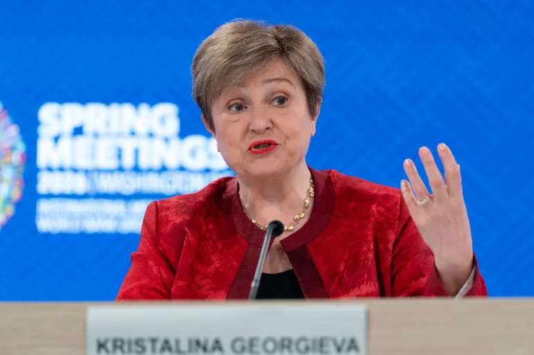 International Monetary Fund (IMF) Managing Director Kristalina Georgieva speaks at a news conference during the World Bank/IMF Spring Meetings at the IMF headquarters in Washington, Wednesday, April 15, 2026. (AP Photo/Jose Luis Magana)