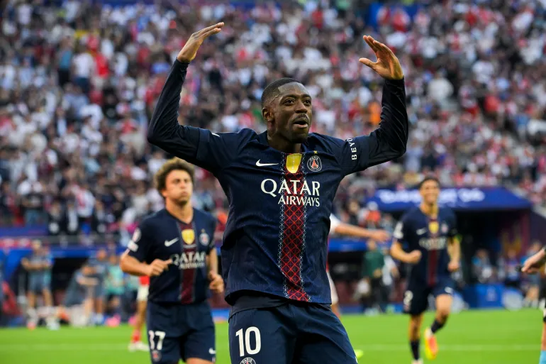 epa13005343 PSG's Ousmane Dembele celebrates after scoring the 1-1 equalizing goal during the UEFA Champions League final between Paris Saint-Germain and Arsenal in Puskas Arena in Budapest, Hungary, 30 May 2026. EPA/Zsolt Szigetvary HUNGARY OUT