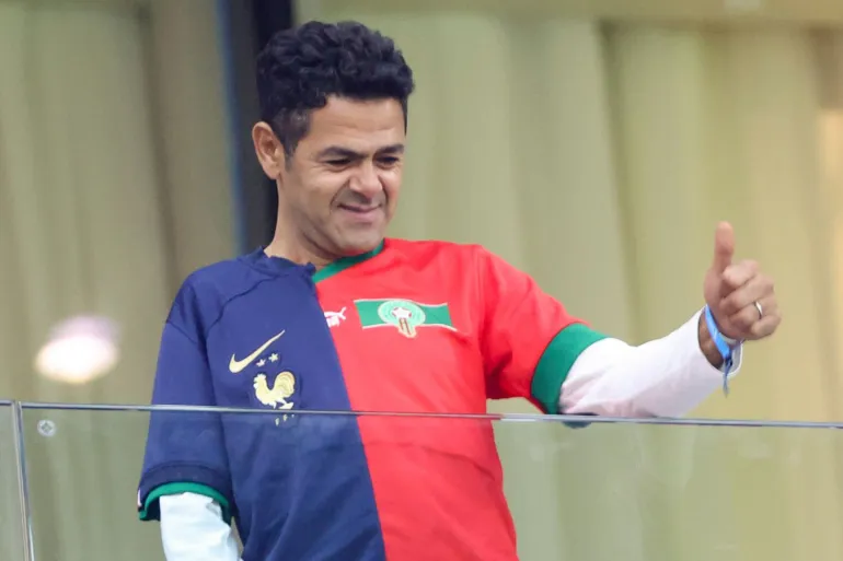 AL KHOR, QATAR - DECEMBER 14: Jamel Debbouze - wearing an handmade franco-moroccan jersey - attends the FIFA World Cup Qatar 2022 semifinal match between France and Morocco at Al Bayt Stadium on December 14, 2022 in Al Khor, Qatar. (Photo by Jean Catuffe/Getty Images)