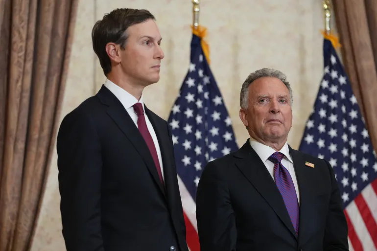 ISLAMABAD, PAKISTAN - APRIL 12: Jared Kushner, left, and Steve Witkoff, Special Envoy for Peace Missions listen as Vice President JD Vance speaks during a news conference after meeting with representatives from Pakistan and Iran, April 12, 2026 in Islamabad, Pakistan. (Photo by Jacquelyn Martin - Pool/Getty Images)