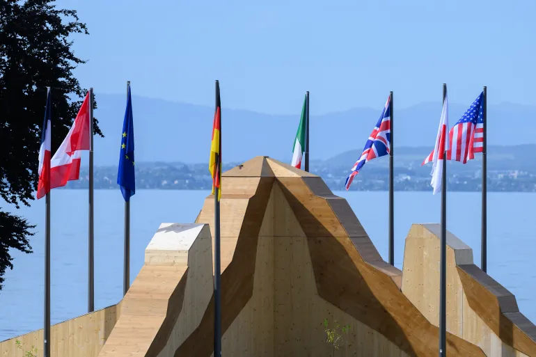 EVIAN-LES-BAINS, FRANCE - JUNE 13: G7 flags are displayed ahead of the G7 meeting on June 13, 2026 in Evian-les-Bains, France. This week's G7 summit will take place from June 15-17 in Evian-les-Bains, as leaders grapple with challenges to peace and security for Ukraine and Europe, the situation in the Middle East, and other geopolitical issues. (Photo by Harold Cunningham/Getty Images)