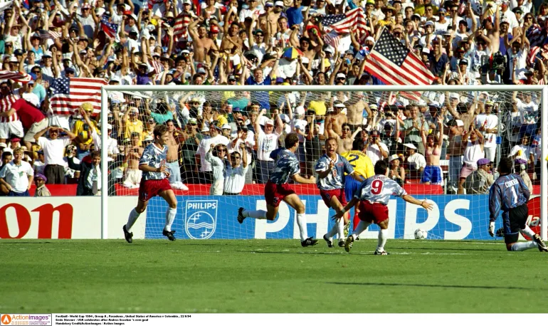 Football - 1994 FIFA World Cup - Group A - United States of America v Colombia - Rose Bowl, Los Angeles - 22/6/94 Ernie Stewarr - USA celebrates after Andres Escobar 's own goal Mandatory Credit:ActionImages / Action Images