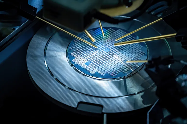 Printed circuit boards production. Robot makes Printed circuit boards. Automated chip manufacturing. Making microchips. PCB assembly. Research microchip transistor in lab. Chip manufacturing close up