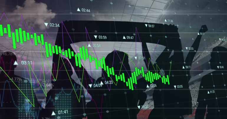 Image of financial data processing over football fans. World cup soccer concept digitally generated image.