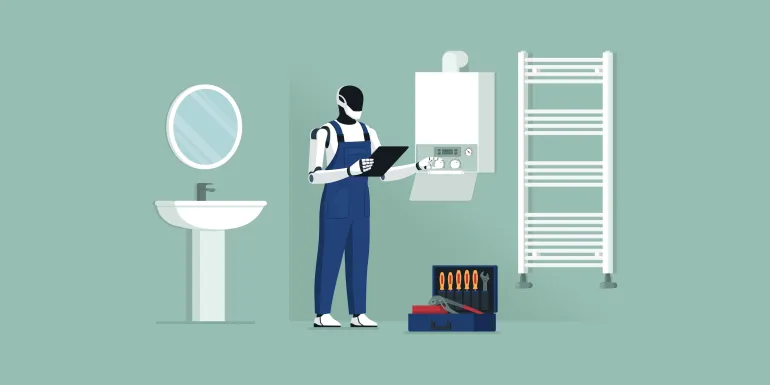 Efficient autonomous plumber robot checking a boiler at home: AI and robotic technology concept