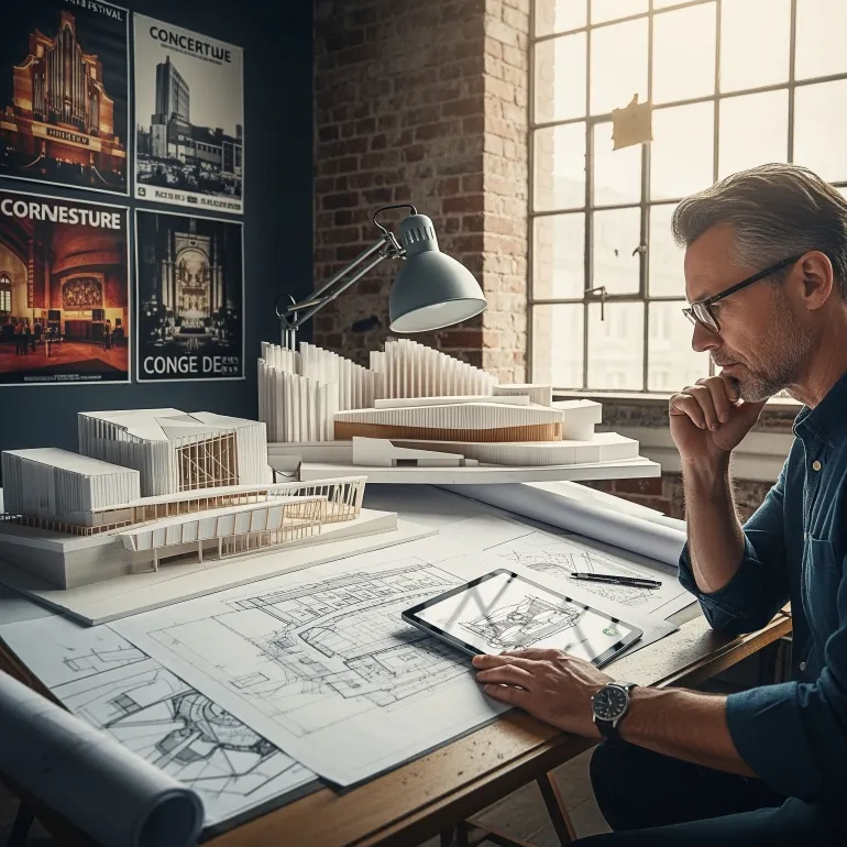 create an image of an architect designing a music venue