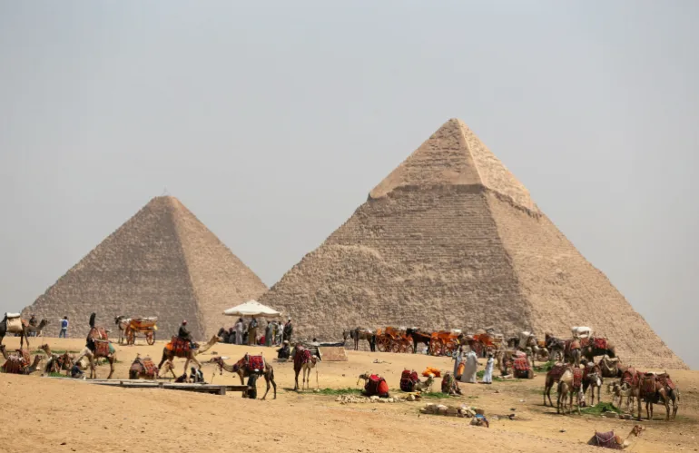 A group of camels and horses stand idle in front of the Great Pyramids awaiting tourists in Giza, Egypt, March 29, 2017. REUTERS/Mohamed Abd El Ghany
