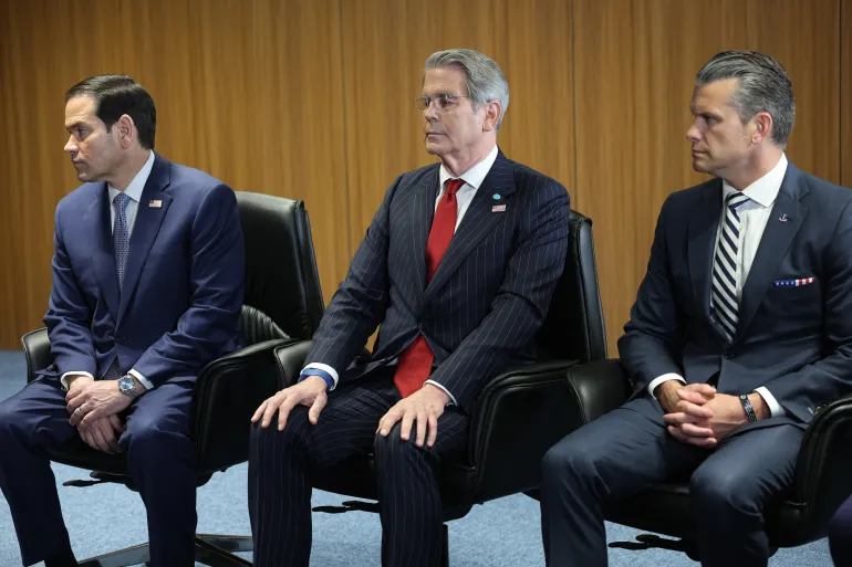 ANKARA, TURKEY - JULY 08: (L-R) Marco Rubio, U.S Secretary of State, Scott Bessent, U.S Secretary of the Treasury and Pete Hegseth, U.S Secretary of War look on as U.S. President Donald Trump meets with NATO Secretary General Mark Rutte or bilateral talks at Beştepe Presidential Compound during the NATO Summit on July 08, 2026 in Ankara, Turkey. Leaders from NATO's 32 countries, plus NATO allies like Ukraine, gathered in the Turkish capital to discuss a range of issues involving spending targets, defense industrial production, and support for Ukraine, among other topics. (Photo by Win McNamee/Getty Images)